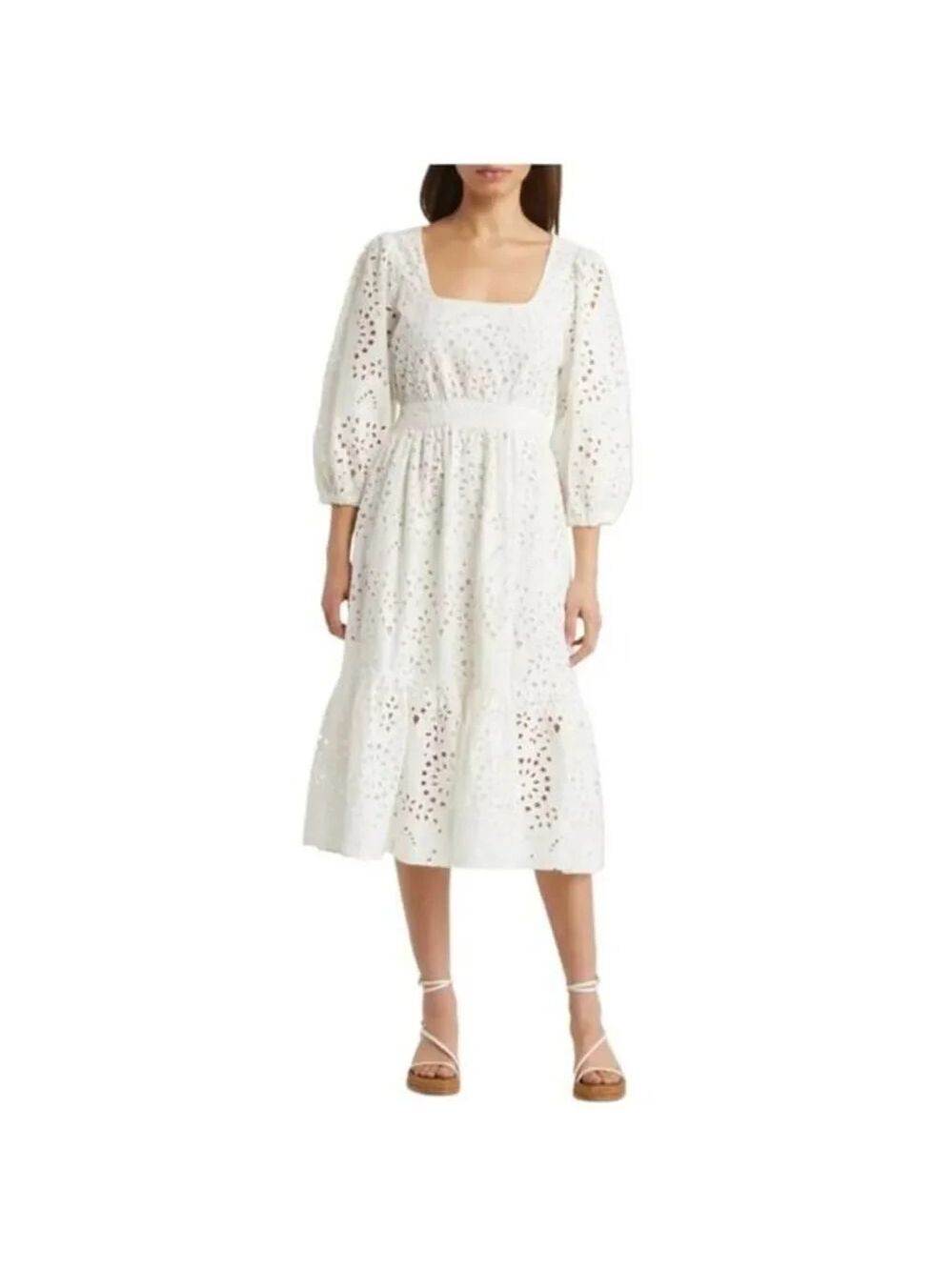 Nordstrom COTTON EYELET MIDI DRESS IN IVORY CLOUD SZ M